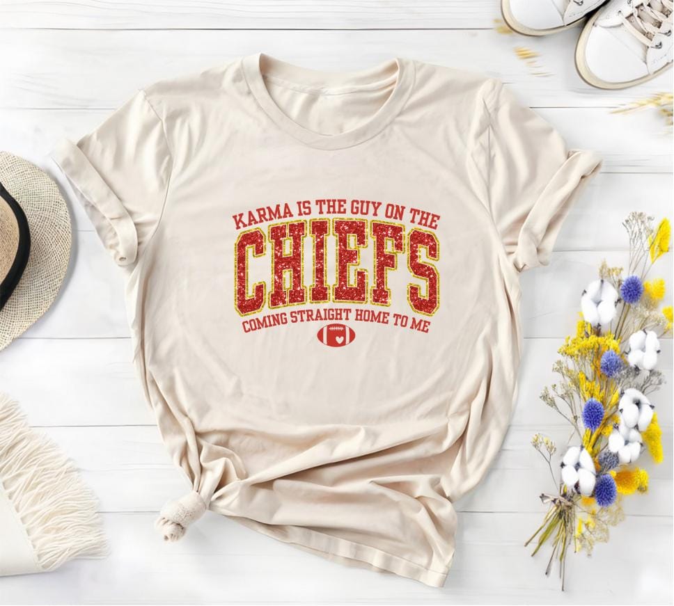 Kc Chiefs Shirt, Travis Kelce Swift Sweatshirt, , Karma Is The Guy On The Chiefs Coming Straight Home To Me Tee