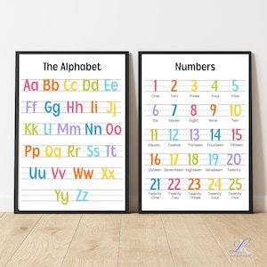 Schule Alphabet Wandkunst Set Lerndruckbare Zahlen Poster Lernwandkunst Klassenzimmer Dekor Lernen druckbare Wandkunst Spielzimmer