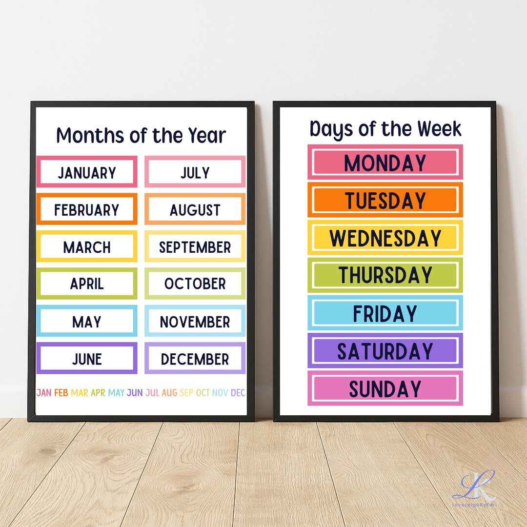 Days of the Week Wall Art Printable Set of 2 Months of the Year ...