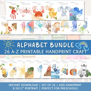 Kids Handprint Art Alphabet Activity Printable Preschool Craft Baby Footprint Momento DIY School ABC Print Educational Learning Activity Kit