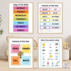 Juego de 4 impresiones de arte mural educativo para niños, decoración de habitación infantil, impresiones de sala de juegos, póster Montessori, decoración de aula, impresión de pared imprimible para niños