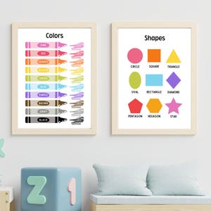 Juego de impresiones de pared educativas para decoración de habitaciones infantiles, póster de colores imprimible, tabla de formas, arte de pared para aula Montessori preescolar, impresión de aprendizaje