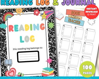 May include: Printable reading log and journal for kids. The cover features a colorful reading log title with a black and white notebook background. The journal includes 100 pages of reading logs and journal prompts, a 6-week challenge, and 12 coloring bookmarks.