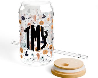 Personalized Halloween Glass Can Cup | Spooky 16oz Iced Coffee Cup with Bamboo Lid & Straw