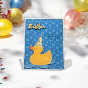 Rubber Duck Birthday Card, personalized, yellow rubber duck with party hat, cute duck card, any age birthday card, handmade layered card