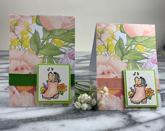 Hand Stamped Greeting Card, with a floral print and a Cute Hedge Hog,  set of 2 or 4