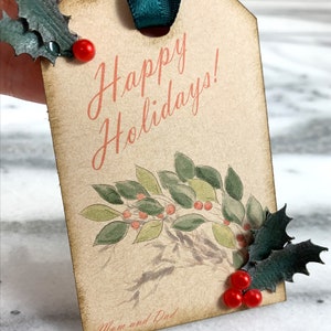Holly Christmas Tags set of 6,  Christmas Gift Tags, Holiday Tag, Customizable hang tag, Vintage Inspired, Elegant holiday tags, gift decor