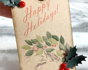 Vintage Inspired Holly Christmas Gift Tags, Kraft Cardstock, Set of 6