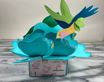 Hummingbird Box Card: Teal Flower, Glitter Detail