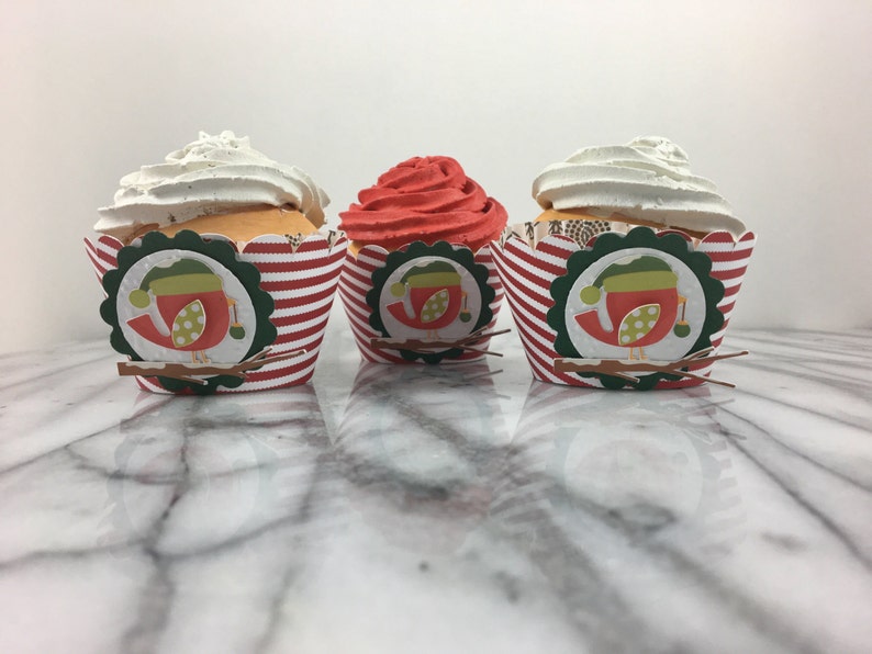 Cupcake Wrappers, Christmas Bird, Holiday Table Top Decor, Christmas Party Decorations, Red and White Stripe Christmas Decor, Xmas Cupcakes image 2