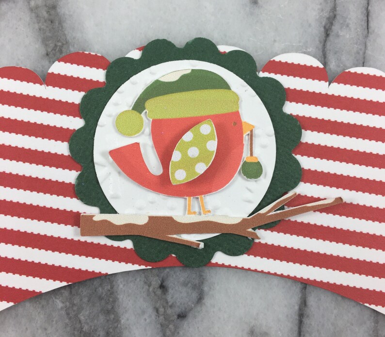 Cupcake Wrappers, Christmas Bird, Holiday Table Top Decor, Christmas Party Decorations, Red and White Stripe Christmas Decor, Xmas Cupcakes image 4