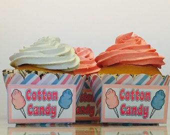 Cotton Candy Cupcake Wrappers,  A set if 12 wrappers for Carnival Birthday Party, Circus Birthday Party, Circus Baby Shower, Movie Night