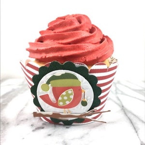 Cupcake Wrappers, Christmas Bird, Holiday Table Top Decor, Christmas Party Decorations, Red and White Stripe Christmas Decor, Xmas Cupcakes image 1