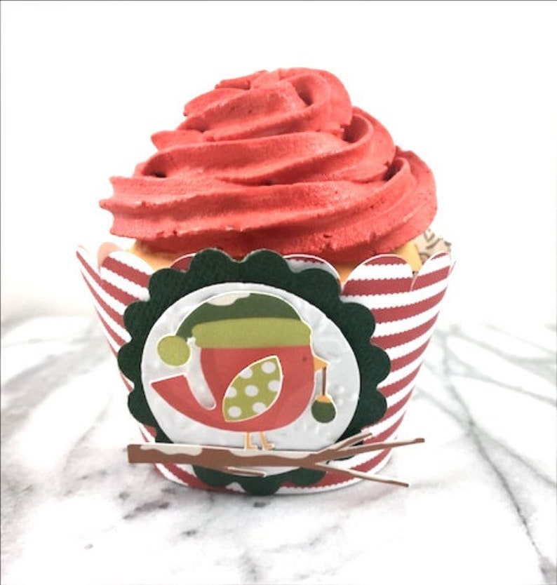 Cupcake Wrappers, Christmas Bird, Holiday Table Top Decor, Christmas Party Decorations, Red and White Stripe Christmas Decor, Xmas Cupcakes image 1