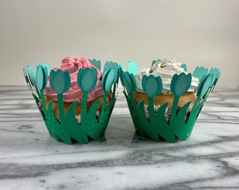 Tulip Cupcake Wrappers set of 12, Spring Cupcakes, Spring Wedding, Easter Cupcakes, Easter Table Decor, Floral Cupcake wrappers