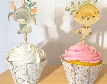Woodland Animals Cupcake Toppers, set of 12, baby shower favors, woodland first birthday, forest animals, party decoration, cupcake picks