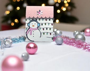 Handmade Christmas Gift Card Holder, Pink Snowflake, Snowman, Set of 4