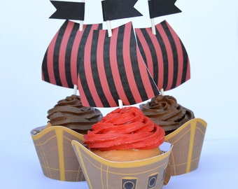 Pirate Ship Cupcake Wrappers and Toppers set of 12, Treasure, Boat, Pirate Birthday Party, Choose Just Sails,