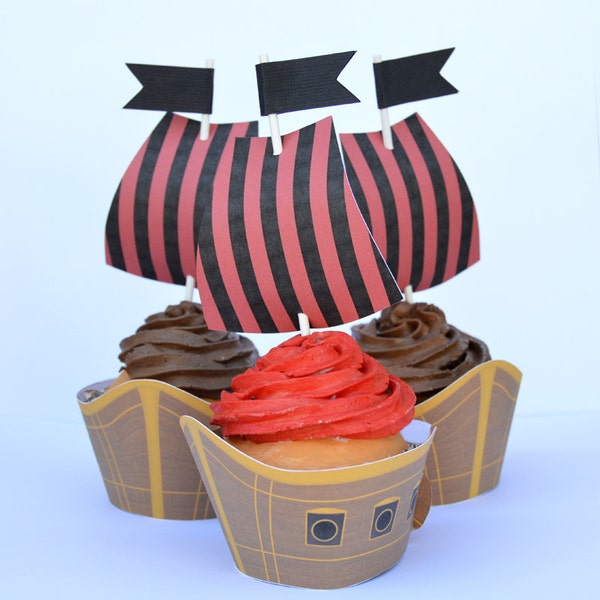 Pirate Ship Cupcake Wrappers and Toppers set of 12, Treasure, Boat, Pirate Birthday Party, Choose Just Sails,