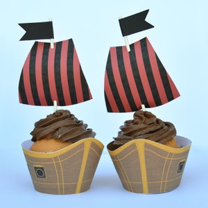 Pirate Ship Cupcake Wrappers and Toppers set of 12, Treasure, Boat, Pirate Birthday Party, Choose Just Sails, image 2