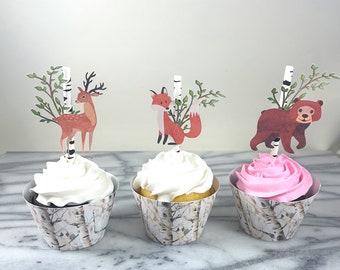 Baby Animal Woodland Cupcake Toppers set of 12, baby shower, first birthday,