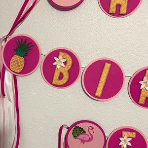 Tropical Banner, luau, Hawaiian, birthday party, baby shower, flamingo, pineapple, pink, completely assembled, Tropical party decor, image 3
