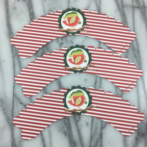 Cupcake Wrappers, Christmas Bird, Holiday Table Top Decor, Christmas Party Decorations, Red and White Stripe Christmas Decor, Xmas Cupcakes image 3