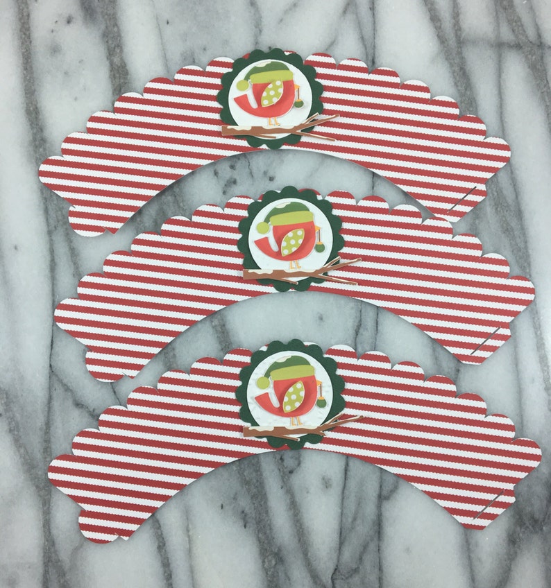 Cupcake Wrappers, Christmas Bird, Holiday Table Top Decor, Christmas Party Decorations, Red and White Stripe Christmas Decor, Xmas Cupcakes image 3