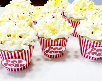 Cupcake Wrappers, Popcorn Themed Cupcake Wrappers set of 12, Circus Birthday, Big Top Bash, Carnival Event, Popcorn Box