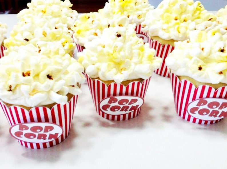 Cupcake Wrappers Popcorn Themed Cupcake Wrappers set of 12 Circus Birthday Big Top Bash Carnival Event Popcorn Box