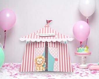 Pink Circus Tent Birthday Invitation: Lion & Carousel