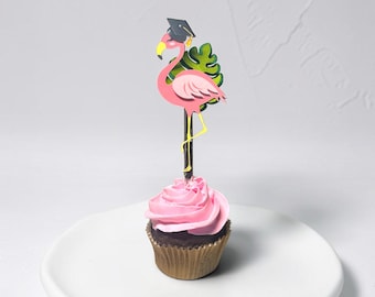 Graduation Flamingo Cupcake Toppers: Glitter Flower, Tropical Luau Party (Set of 12)