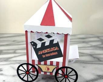 Popcorn Cart Favor Box in red, white, black, Movie Night, Circus, baby shower, birthday party, full assembled treat box, personalized,