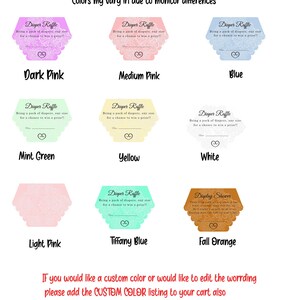 May include: A selection of diaper raffle cards in shades such as dark pink, medium pink, blue, mint green, yellow, white, light pink, Tiffany blue, and fall orange. Each card is labelled with "Diaper Raffle".