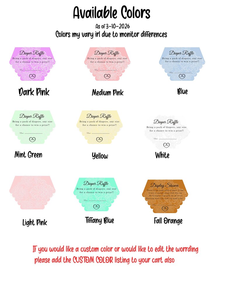 May include: A selection of diaper raffle cards in shades such as dark pink, medium pink, blue, mint green, yellow, white, light pink, Tiffany blue, and fall orange. Each card is labelled with "Diaper Raffle".