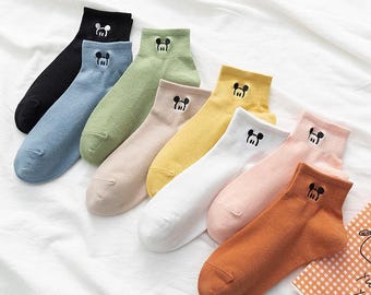 Cute Embroidered Mouse Socks, Cartoon Animal Sock, Mouse Patterned Socks, Happy Daily Socks, Cotton Crew Sock, Ankle Socks, Gift For Her
