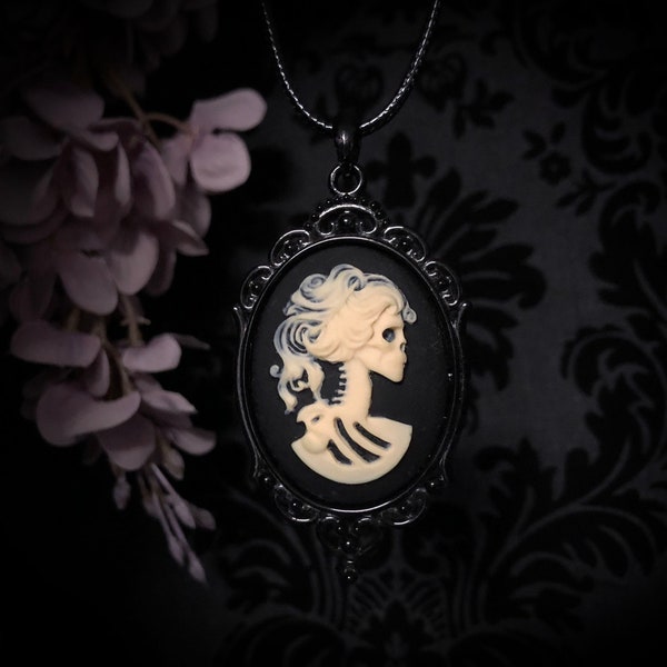 Ivory Skeleton Lady Cameo Necklace in Black Setting // Day of the Dead Necklace // Victorian Jewelry // Gothic Jewelry