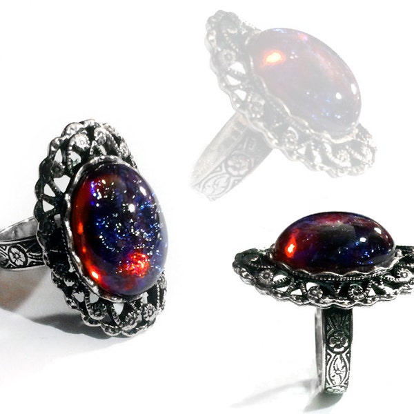 Silberring des Drachen Atem Ring - mexikanischer Feueropal Ring - gotischer Ring - viktorianischen Ring - Cocktail-Ring - Anweisungsring - Galaxy