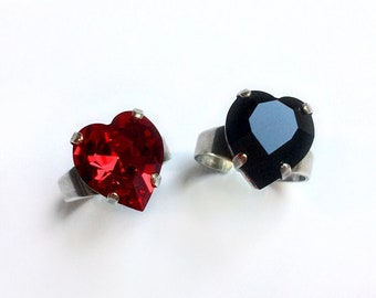 Red or Black Heart Ring //Swarovski Crystal Ring // Heart Crystal // Gothic Ring // Anniversary Gift