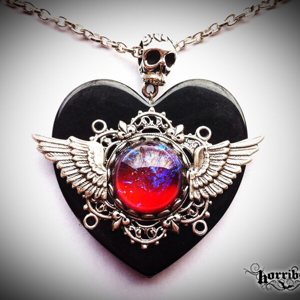 Dragon's Breath Mexican Fire Opal Necklace - Fire Opal Jewelry - Black Heart Necklace - Wing Necklace - Gothic Necklace - Galaxy Necklace