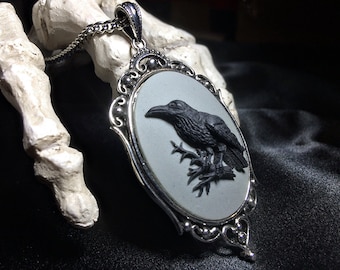 Raven Cameo Necklace on Gray // Raven Necklace // Gothic Necklace // Edgar Allan Poe // Victorian Jewelry // Gothic Cameo