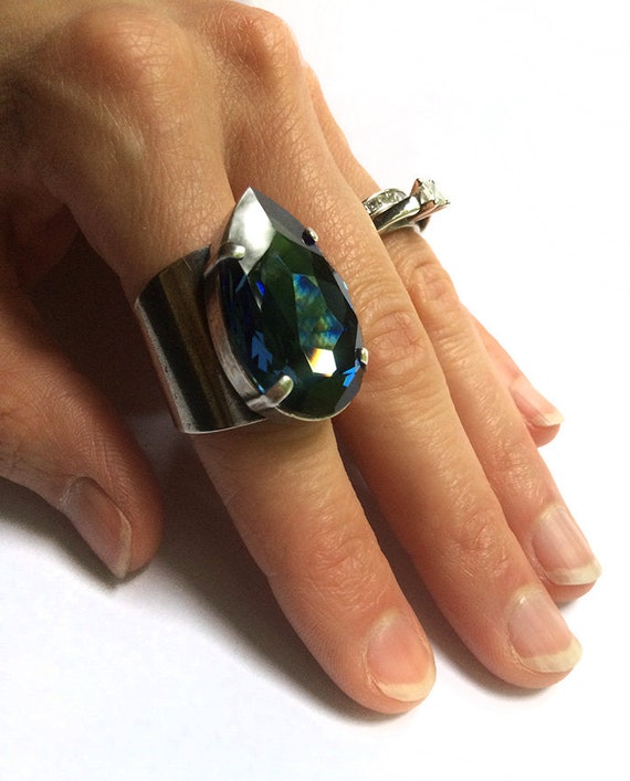 Mens Genuine Blue Swarovski Crystal And Gold Stainless Steel Ring With