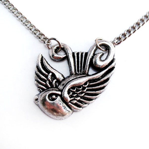 Silver Swallow Necklace, Nautical Jewelry, Rockabilly Necklace