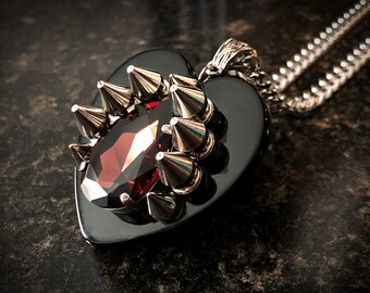 Black Heart Necklace with Spikes and Swarovski Crystal // Spike Necklace // Spike Jewelry // Gothic Jewelry // Black Heart Jewelry