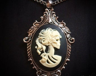 Ivory Skeleton Lady Cameo Necklace // Day of the Dead Necklace // Victorian Jewelry // Gothic Cameo