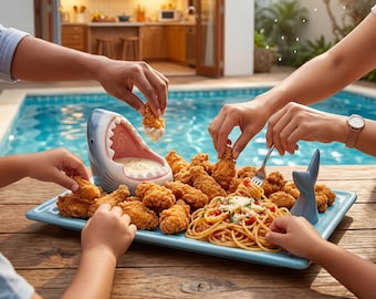 Ceramic Shark Sushi Platter – Integrated Dip Bowl, Nautical Party Appetizer Tray