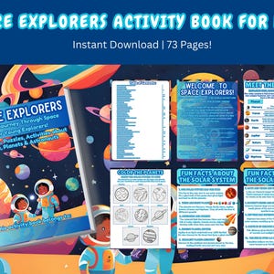 May include: A colourful activity book for kids about space exploration. The cover features a cartoon astronaut and planets against a dark blue background. The title is "Space Explorers: A Fun Journey Through Space for Young Explorers!" and the book includes fun facts, puzzles, and activities about space, planets, and astronauts. The book is 73 pages long.
