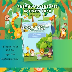 Może przedstawiać: Kolorowa książka z aktywnościami zatytułowana "Animal Adventures" z tekstem "Mazes, Puzzles, Coloring Fun!" i "Instant Download". Okładka przedstawia zwierzęta z kreskówek. Książka przeznaczona jest dla dzieci w wieku 3-6 lat i zawiera 14 stron.