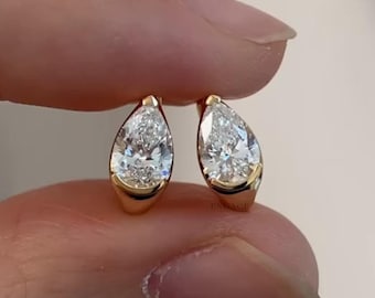Pear Moissanite Hinged Hoop, 14K Yellow Gold Brilliant Fire Half Bezel Dangles