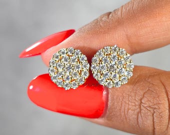 Round Cut Flower Cluster Stud Earrings, Pave Floral Moissanite Studs, Gold Earrings